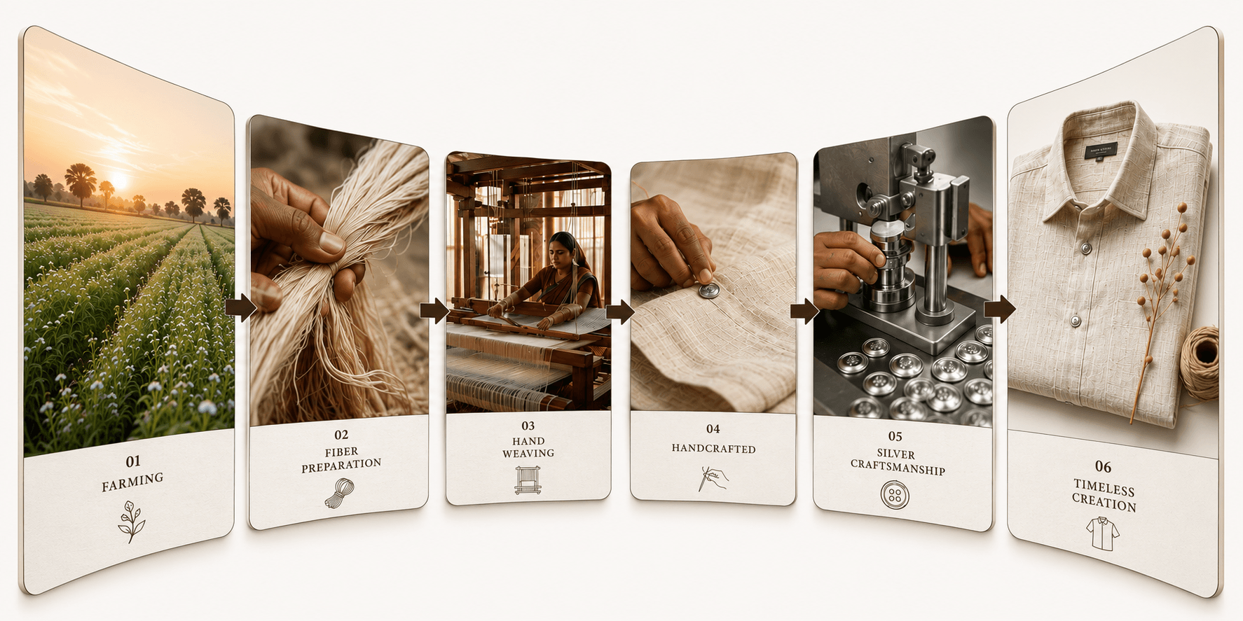 The craft journey: farming, fibre preparation, hand weaving, handcrafting, silver craftsmanship and the finished garment