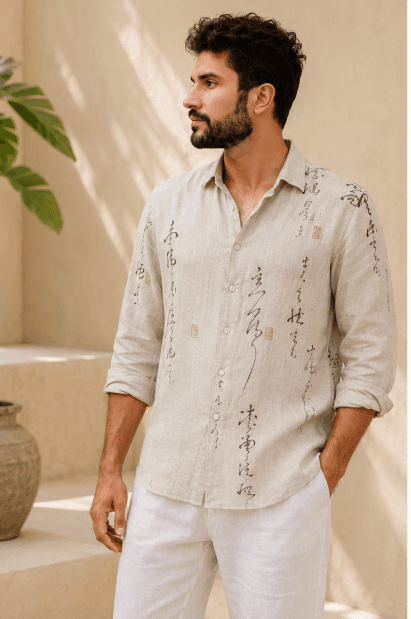 Calligraphed Linen Shirt — Front