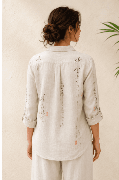 Calligraphed Linen Shirt Women — Back