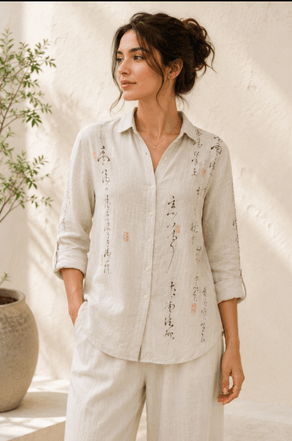 Calligraphed Linen Shirt Women — Front